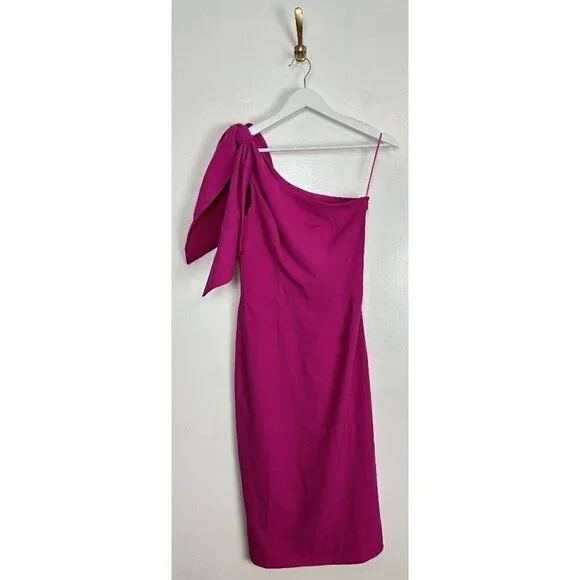 DRESS THE POPULATION Tiffany One-Shoulder Midi Dress Bright Fuchsia Size  Small